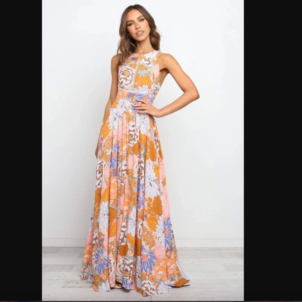Petal & Pup Newell Orange Colorful Floral Maxi Dress L - Picture 10 of 13